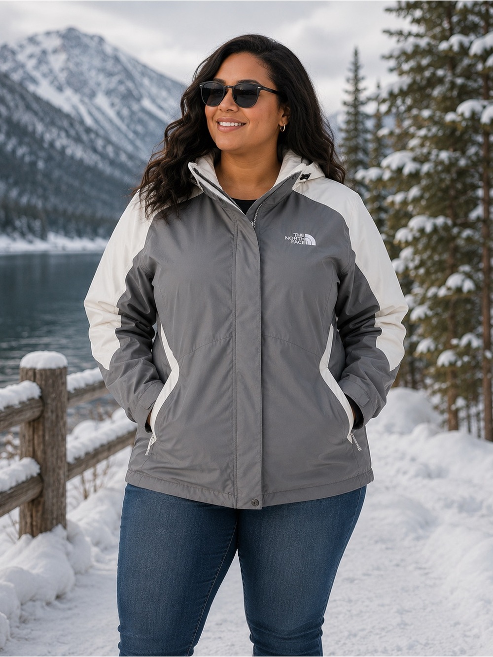The North Face Women's Gray & White Ski Jacket with Hood